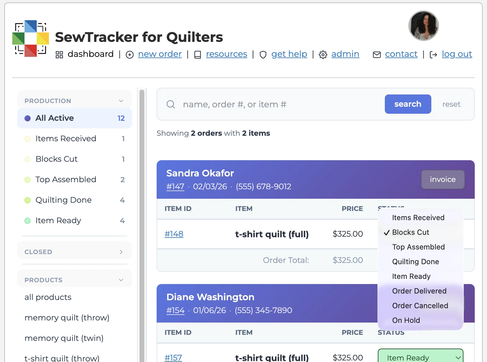 SewTracker dashboard showing a list of quilt orders filtered by status