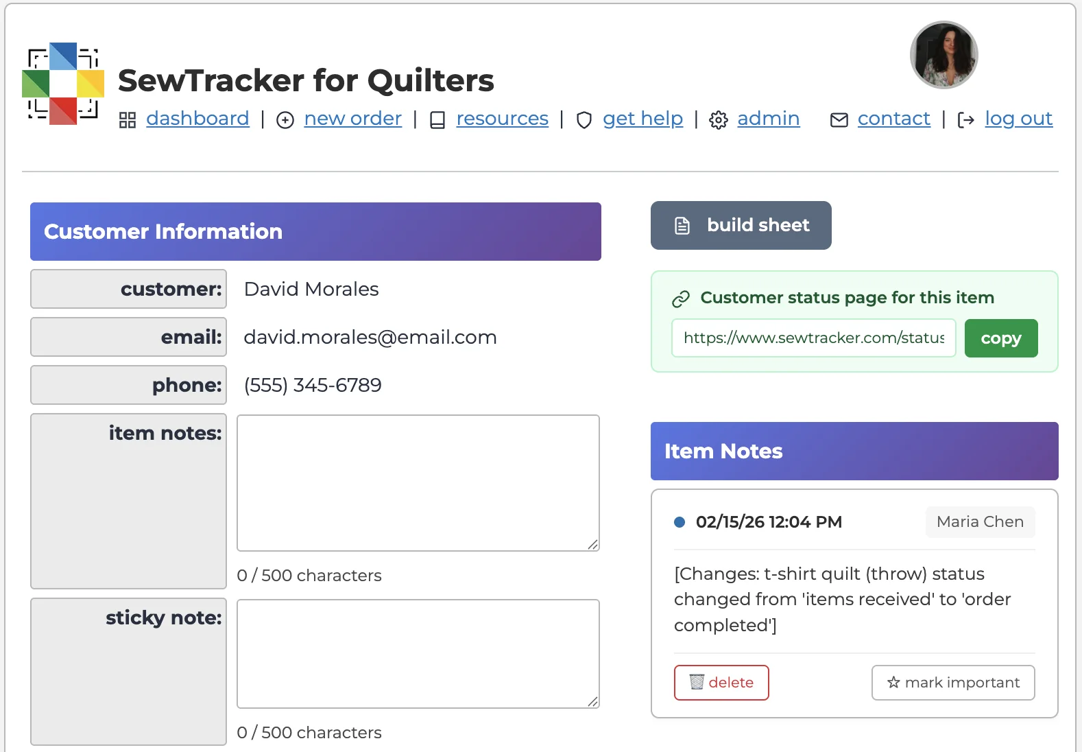 SewTracker order detail page showing customer info, line items, and pricing