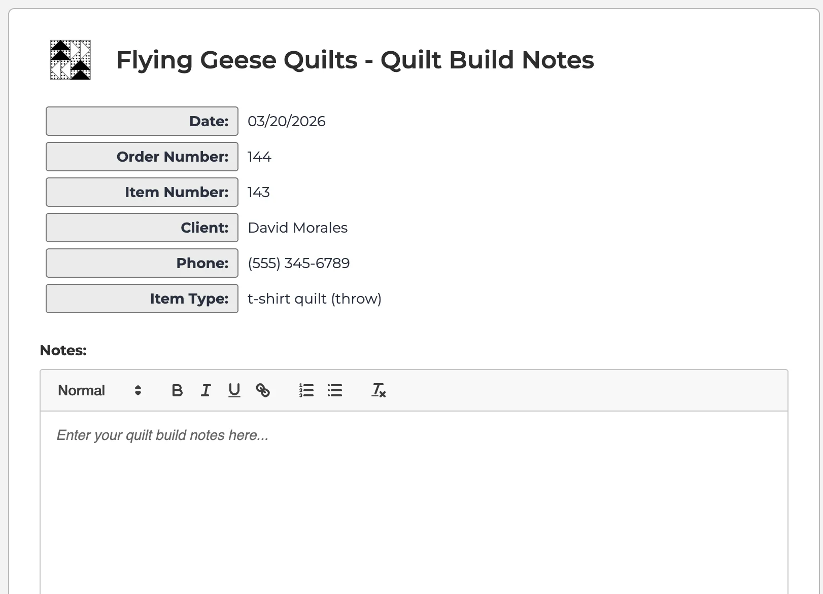 SewTracker printable build sheet showing dimensions, fabric details, and construction notes
