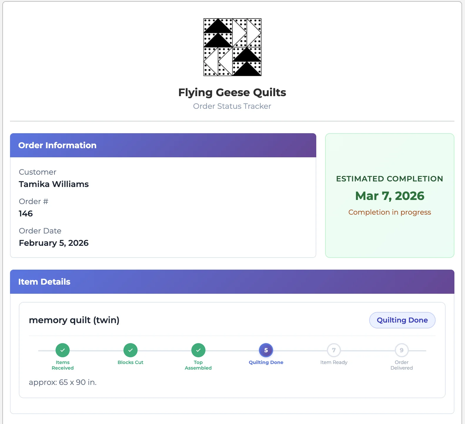 SewTracker customer-facing status page showing order progress and photo timeline
