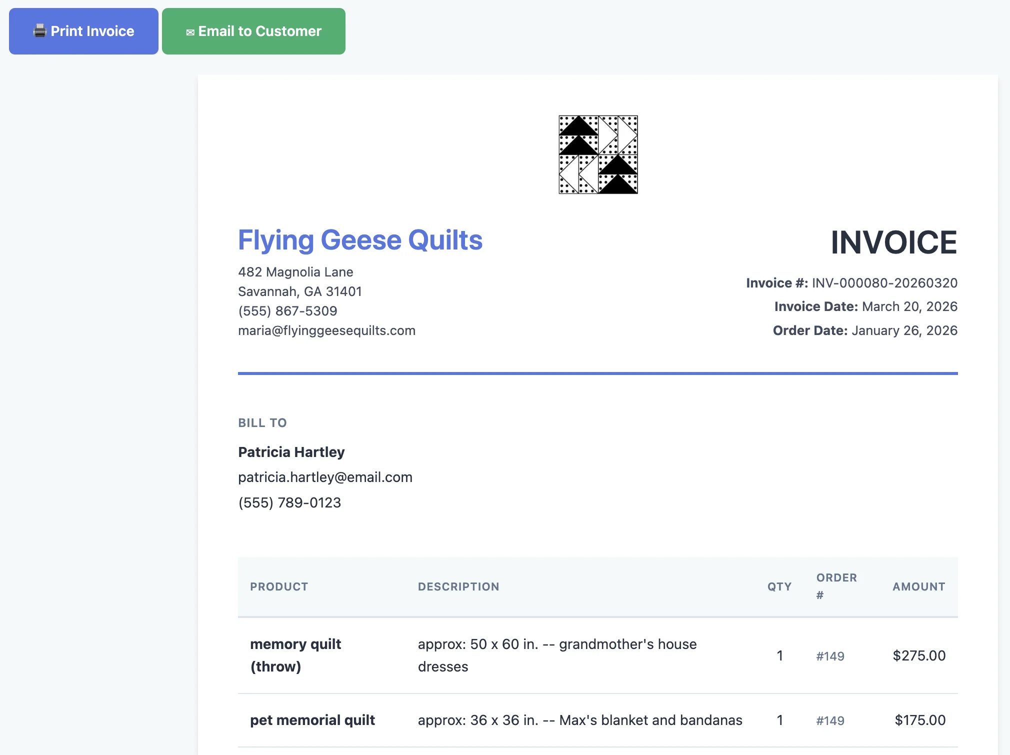 SewTracker invoice showing business logo, customer details, line items, and total