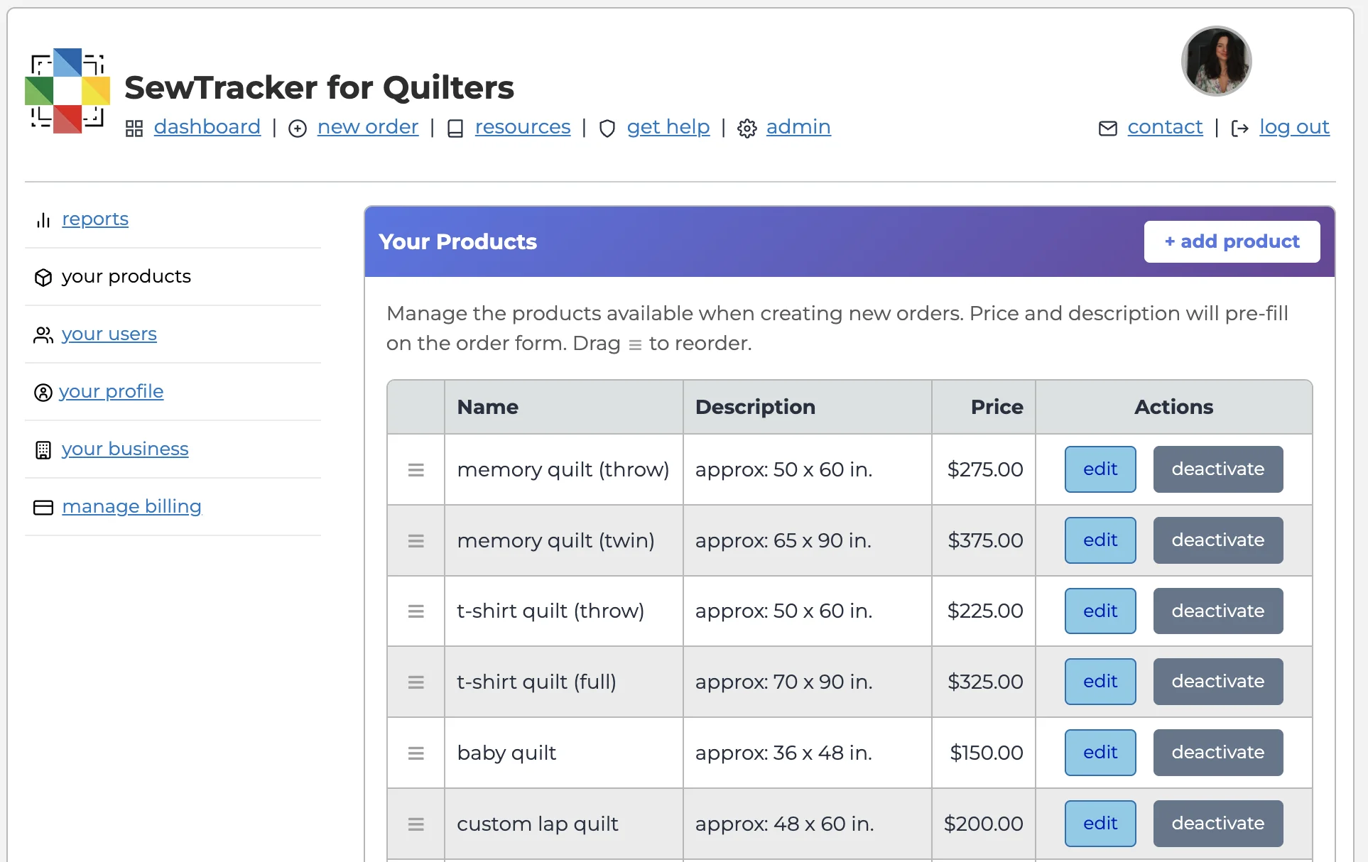 SewTracker product catalog showing defined quilt types, sizes, and base pricing