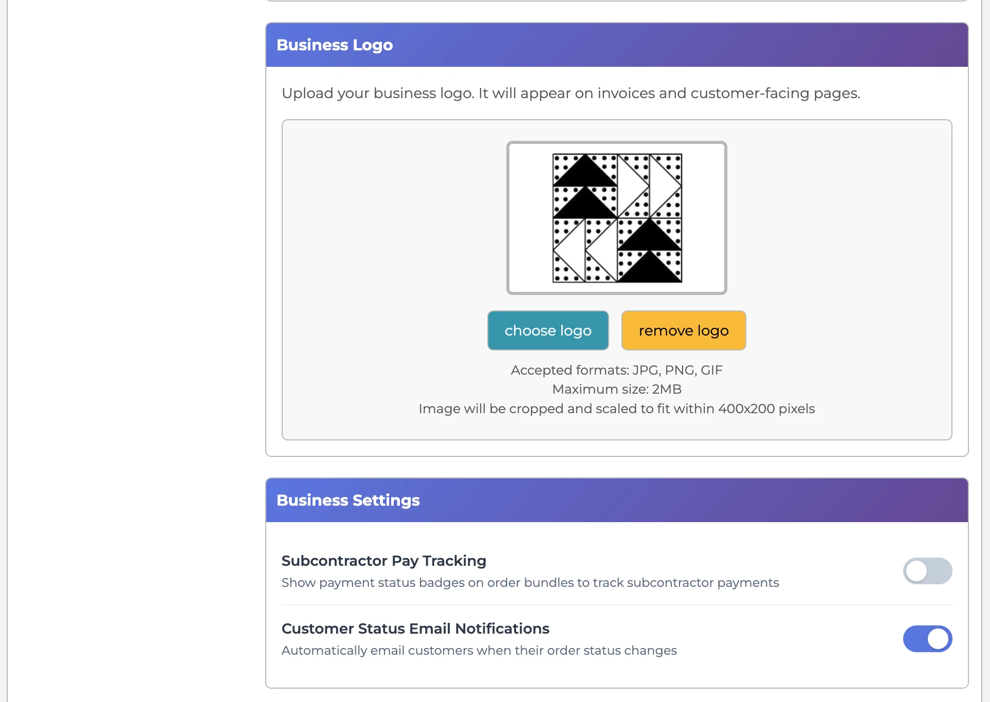 SewTracker business profile settings showing logo upload and contact information