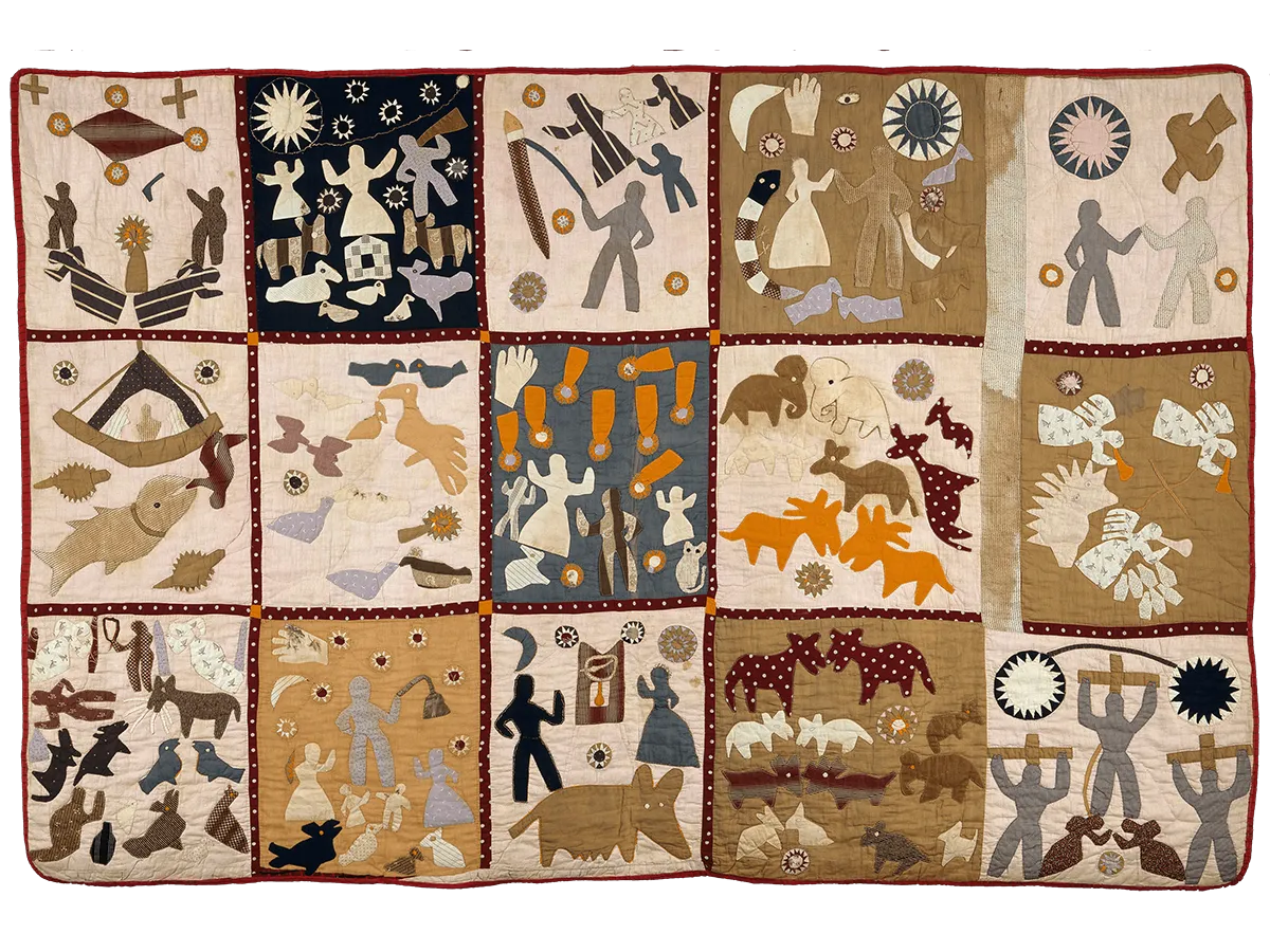 The fifteen panel Harriet Powers pictorial quilt with appliquéd figures, animals, and celestial events arranged in rows across a dark pieced ground