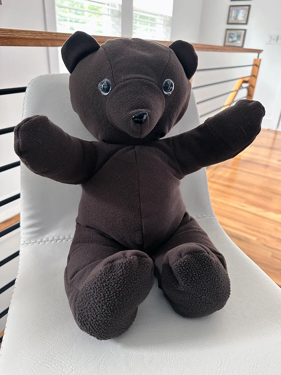 Handmade memory bear made from a loved one's clothing at the Quilts by Big Wes studio in Atlanta, GA