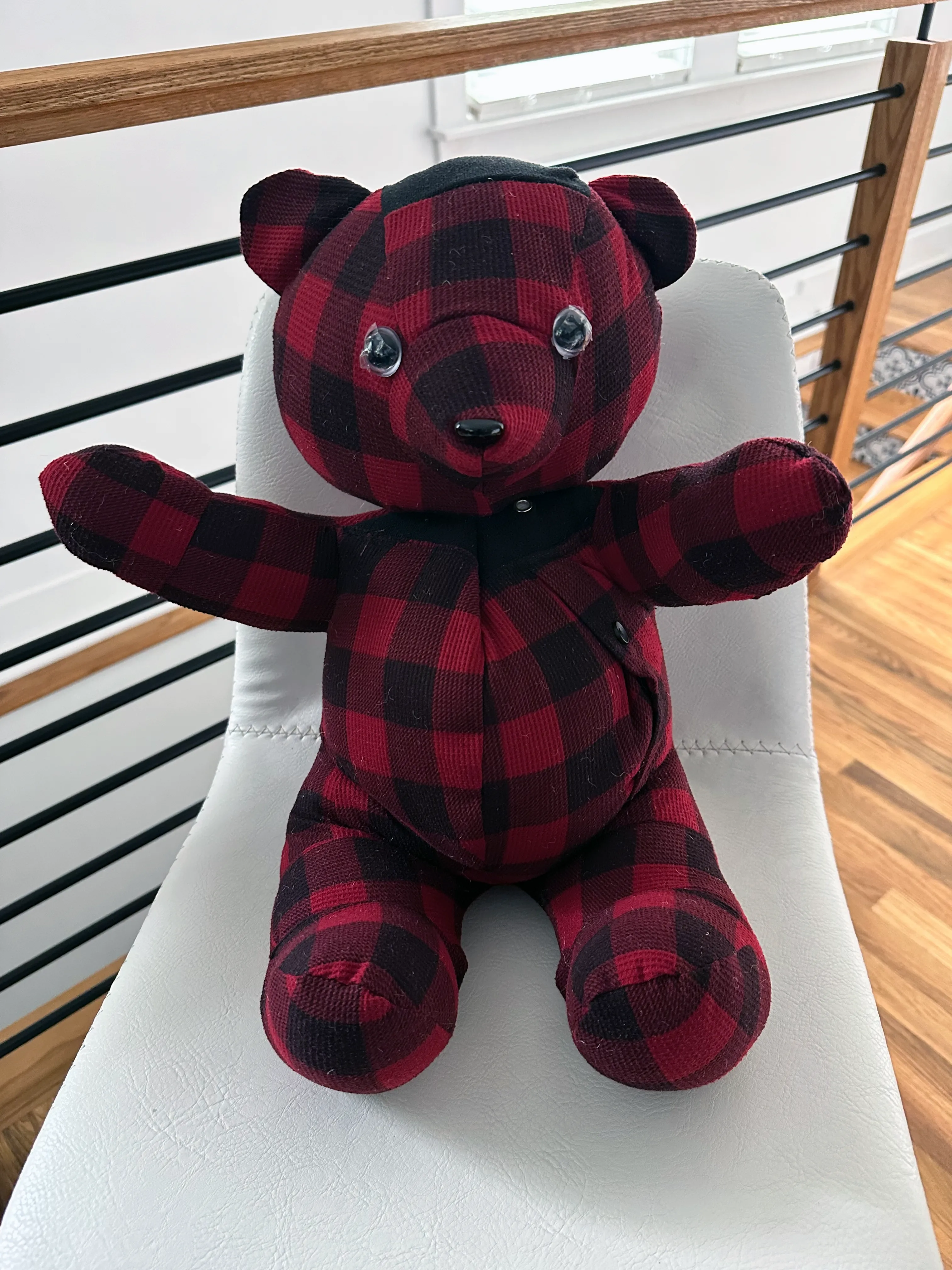 Close up of a finished memory bear made from meaningful clothing by Wesley Hall in Atlanta, GA