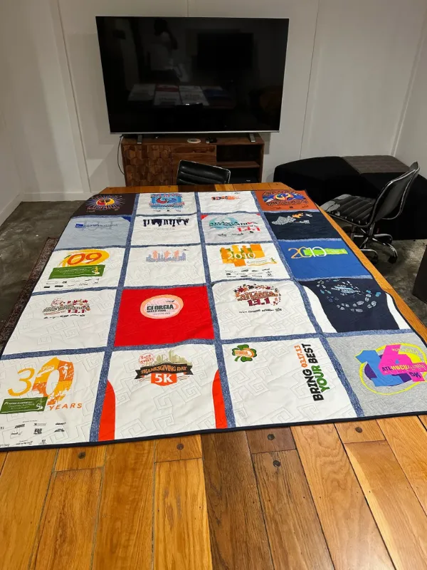 Atlanta marathon and running event t-shirt quilt featuring Georgia Marathon, Half Marathon, Atlanta 5K, and Thanksgiving Day race shirts, handmade in Atlanta