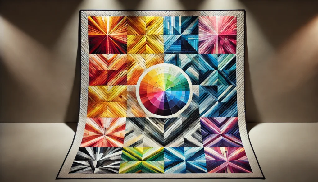 An artistic quilt featuring distinct sections of warm, cool, and high-contrast colors, illustrating different color harmonies. The warm tones of reds, oranges, and yellows convey warmth and energy, while the cool blues, greens, and purples create a calming effect. High-contrast black and white patterns add excitement and movement. The quilt is laid out on a soft fabric surface with gentle lighting, emphasizing the emotional depth of color choices in quilt design.