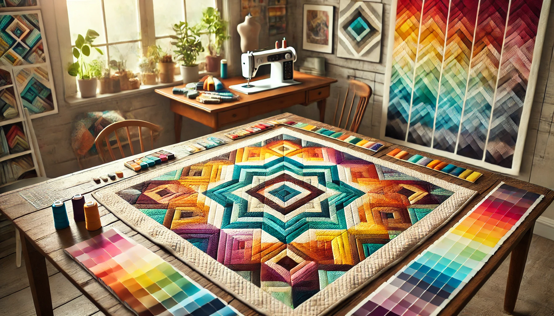 An artistic quilt featuring distinct sections of warm, cool, and high-contrast colors, illustrating different color harmonies. The warm tones of reds, oranges, and yellows convey warmth and energy, while the cool blues, greens, and purples create a calming effect. High-contrast black and white patterns add excitement and movement. The quilt is laid out on a soft fabric surface with gentle lighting, emphasizing the emotional depth of color choices in quilt design.