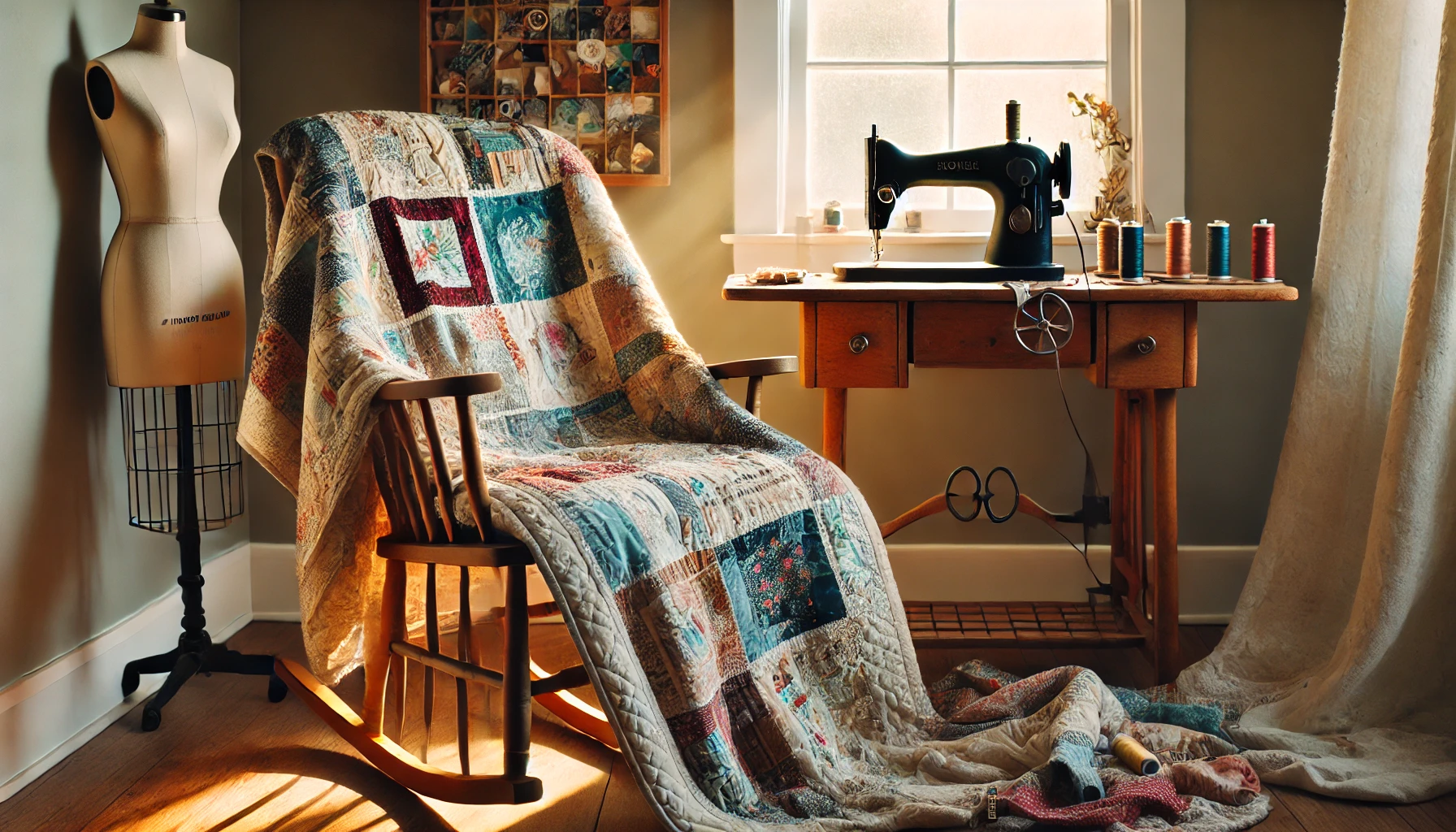 A cozy, handcrafted quilt made from upcycled fabrics draped over a wooden rocking chair near a sunlit window. The quilt features a patchwork of sentimental clothing, including old t-shirts and baby blankets. A modern sewing machine sits on a sturdy wooden table nearby, surrounded by colorful fabric scraps and sewing tools. The warm and inviting atmosphere is highlighted by soft natural lighting, showcasing the textures and colors of the quilt. In the background, a sewing workspace adds to the scene, emphasizing the craftsmanship and care behind quilt-making.