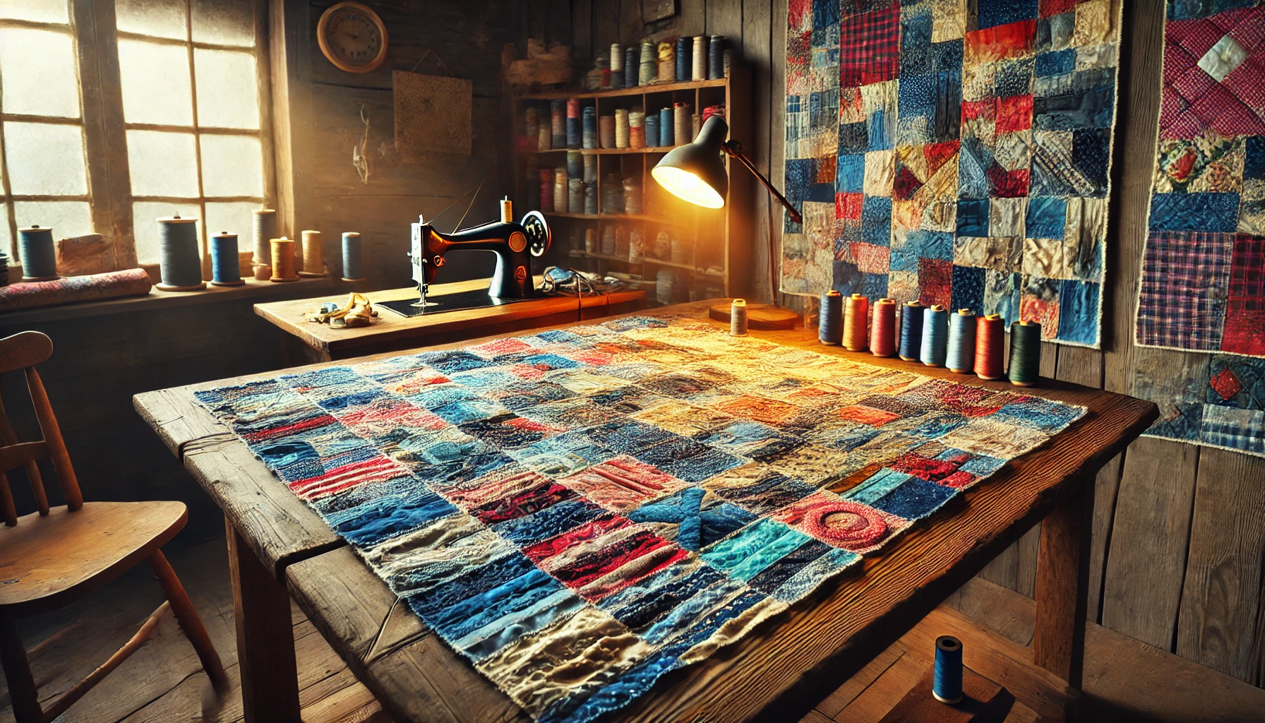 A rustic wooden table in a cozy quilting studio displays colorful quilt patches made from upcycled clothing. The fabric pieces include denim, flannel, and vibrant t-shirts, each with visible stitching. A warm light from a nearby lamp highlights the textures. In the background, a wooden shelf holds neatly stacked fabric rolls, spools of thread, and a vintage sewing machine, creating an inviting and creative atmosphere.