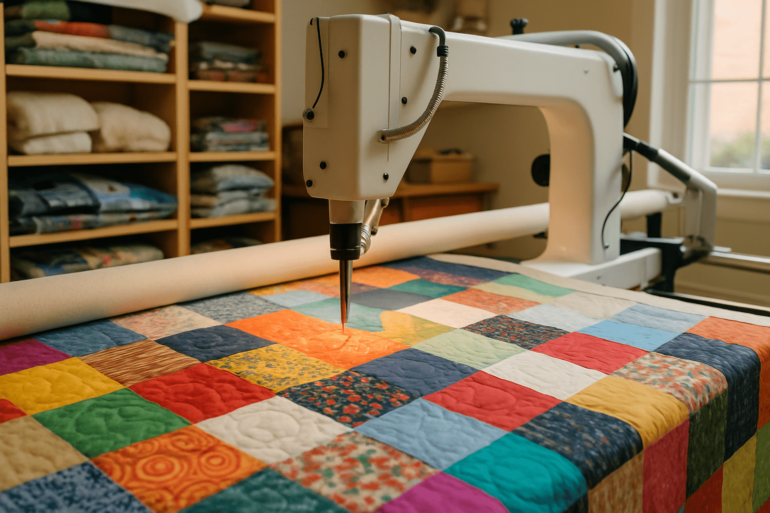 Close-up of a longarm quilting machine stitching a colorful patchwork quilt, with shelves of folded quilts and fabrics in the background.