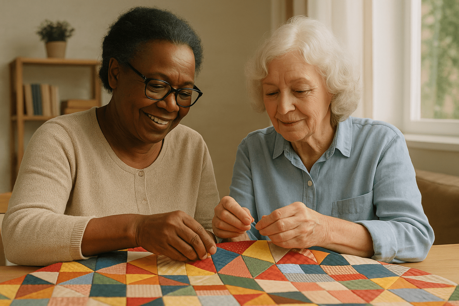A photograph captures two elderly women working together to hand sew a colorful patchwork quilt. One is a Black woman with glasses wearing a tan sweater, and the other is a white woman with white hair wearing a light blue shirt. They are sitting at a table near a window in a bright, cozy room.