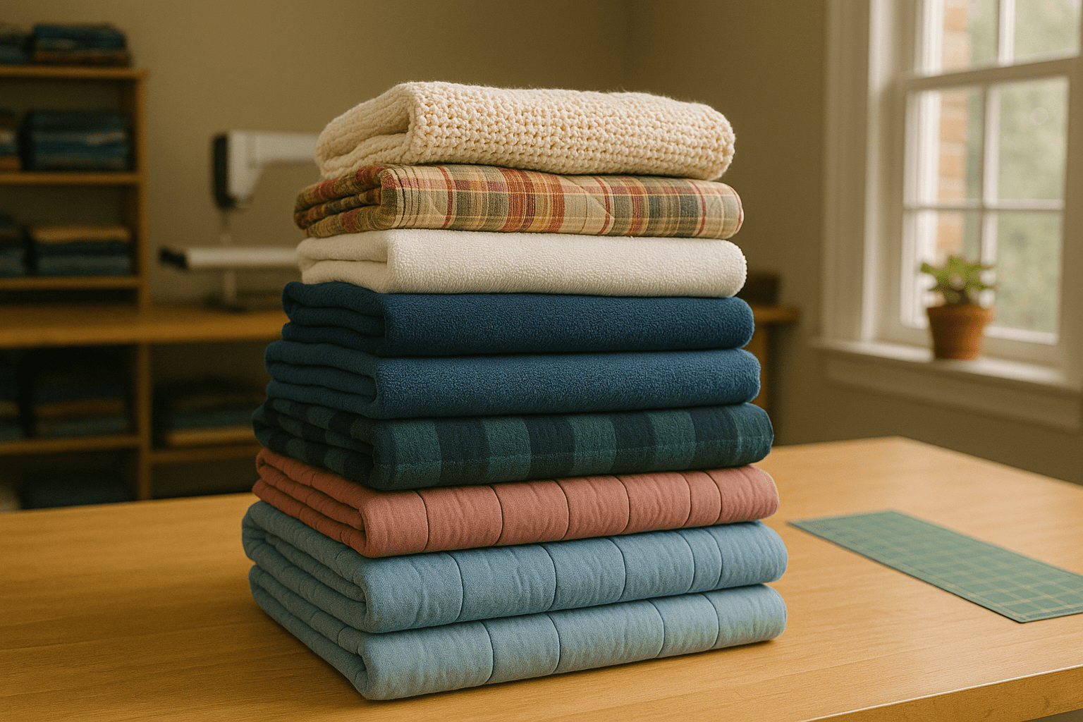 A neatly stacked pile of folded blankets and towels sits on a wooden table in a quilting studio.
