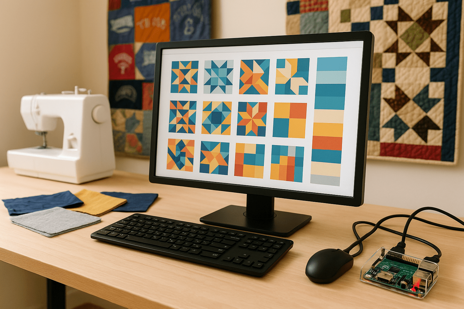 A digital photograph showcases a quilting and tech workspace. A computer monitor displays colorful quilt block designs, with a white sewing machine, fabric swatches, and a Raspberry Pi nearby. Finished quilts hang on the wall in the background.