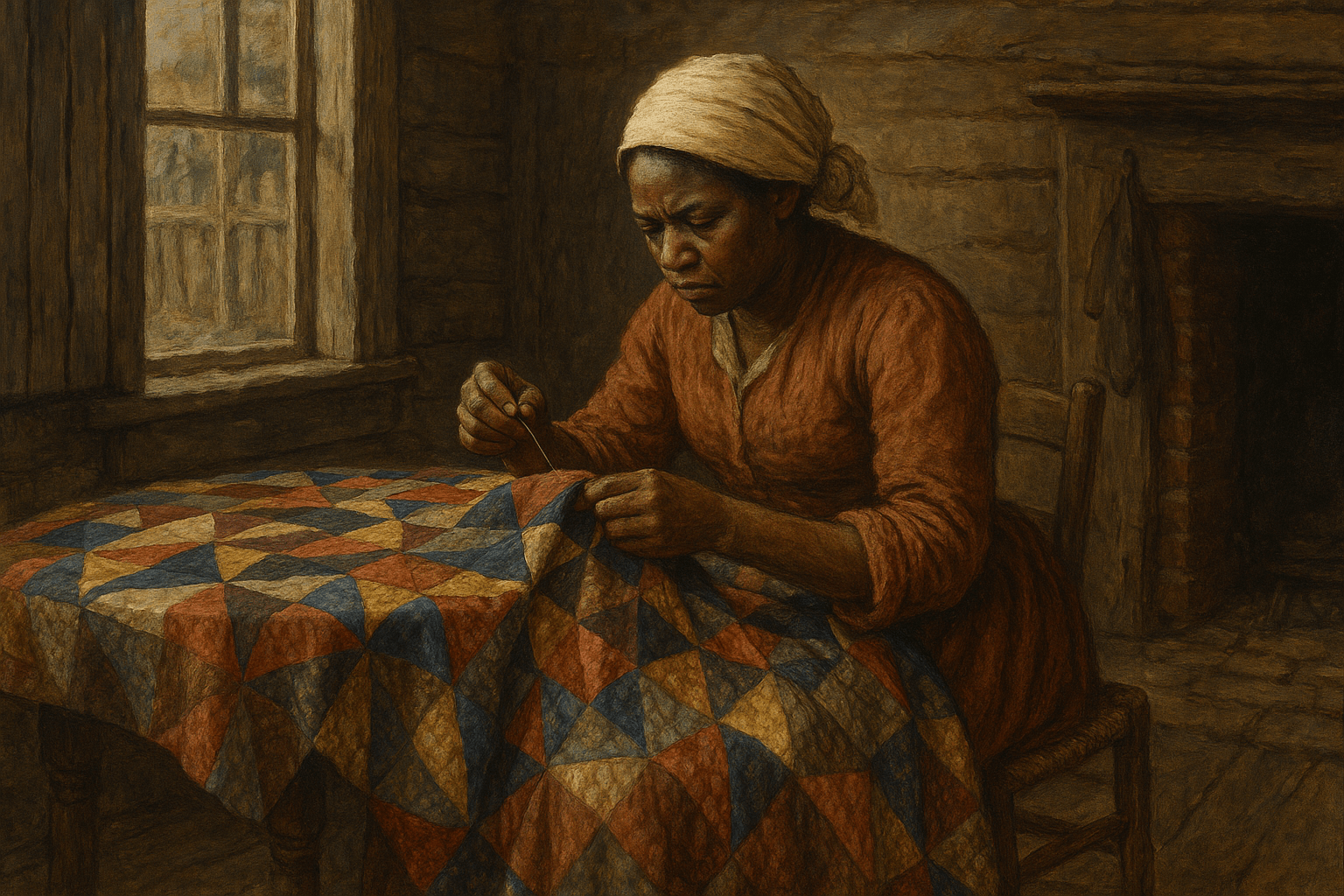 A realistic oil painting of an African American woman in a rustic wooden room, sewing a colorful patchwork quilt by hand. She wears a faded rust-colored dress and a white headscarf, sitting near a window that lets in soft natural light. A fireplace and wooden chair add to the historical atmosphere.