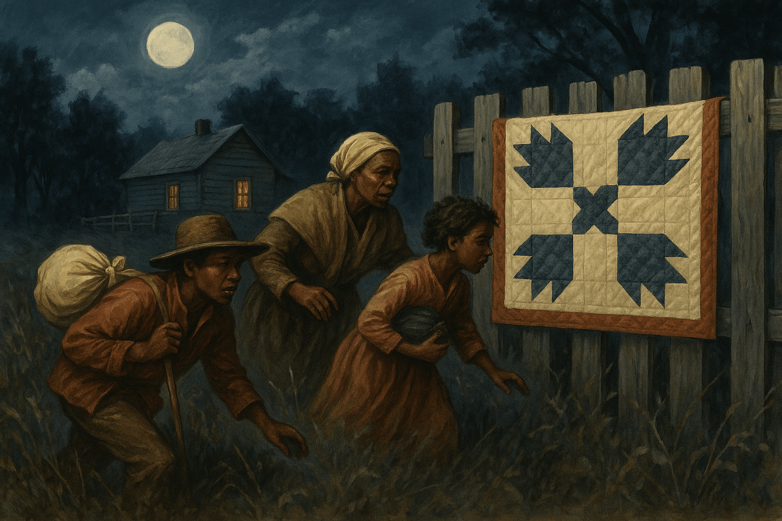 A moonlit painting shows three enslaved African Americans escaping through a field at night. A young man with a bundle, an older woman in a headscarf, and a girl clutching belongings crouch near a wooden fence where a Bear Paw quilt hangs, symbolically guiding them toward freedom. A farmhouse with glowing windows stands in the background under a full moon.
