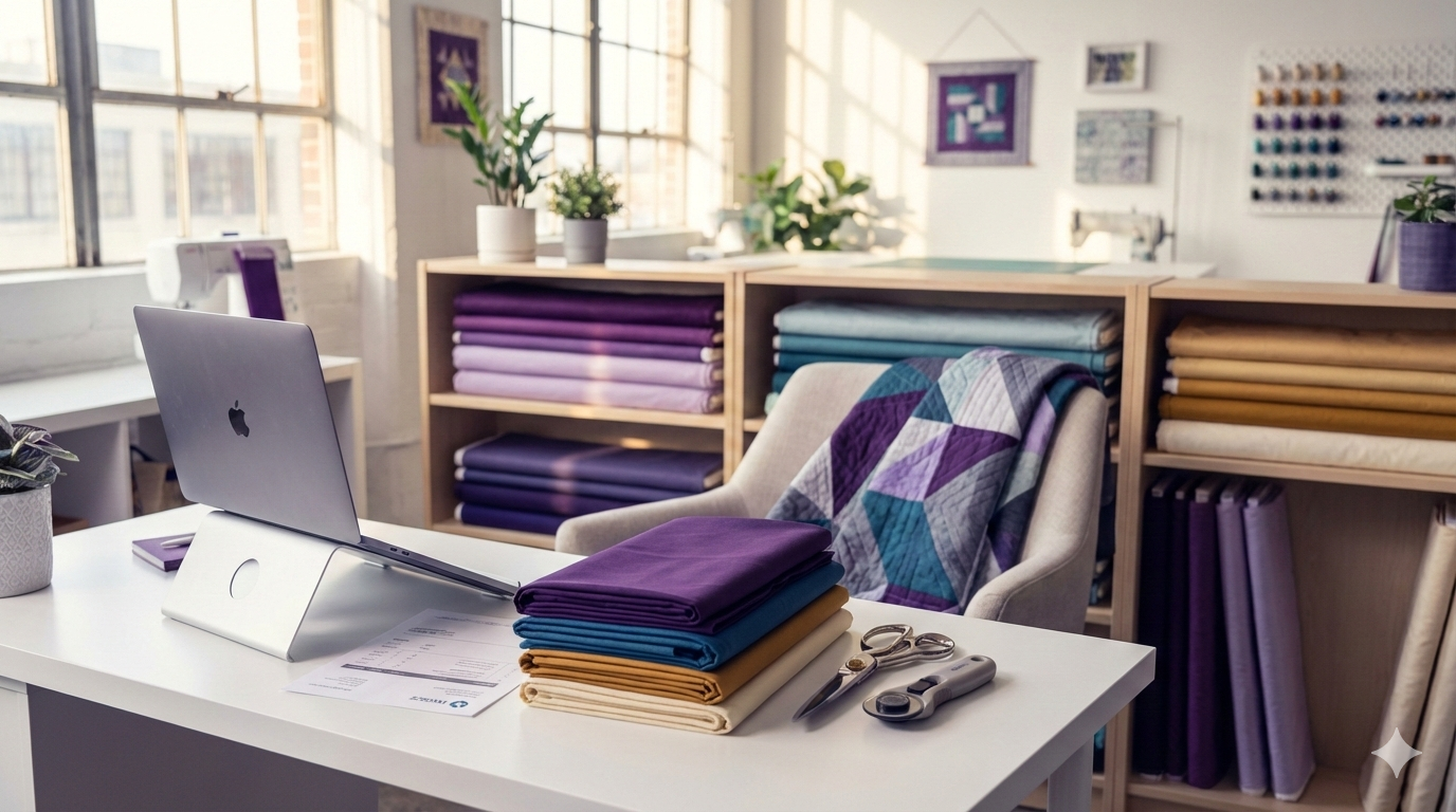 A photorealistic editorial photograph of a bright, modern sewing studio. A white desk in the foreground holds a laptop on a stand, a neat stack of folded fabrics in purple, teal, and gold, scissors, and a rotary cutter. Behind it, shelves are filled with bolts of color-coordinated fabrics. A chair with a geometric quilt is draped next to the shelves. Sunlight streams through large windows on the left. The overall feel is organized and creative.