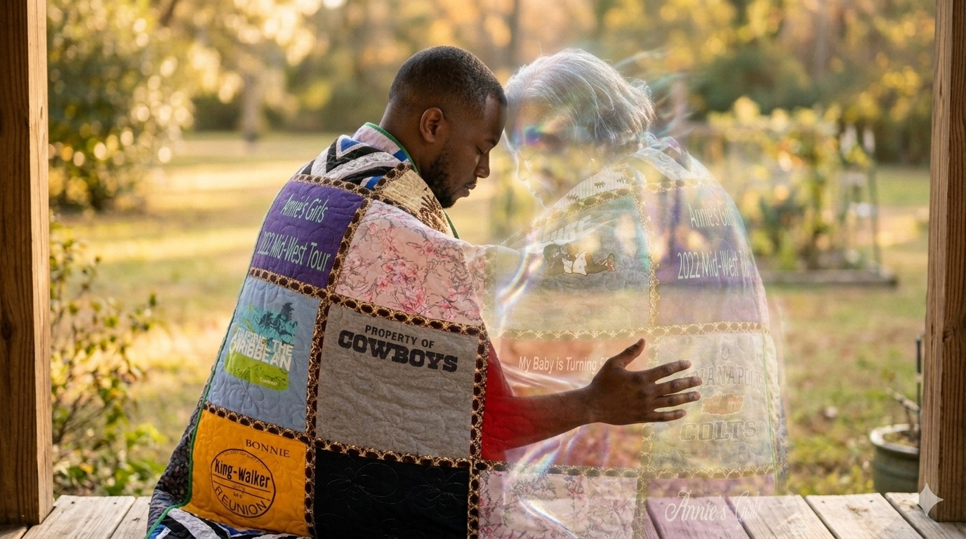 A man wrapped in a patch work quilt sits next to a ghostly image of an older woman.